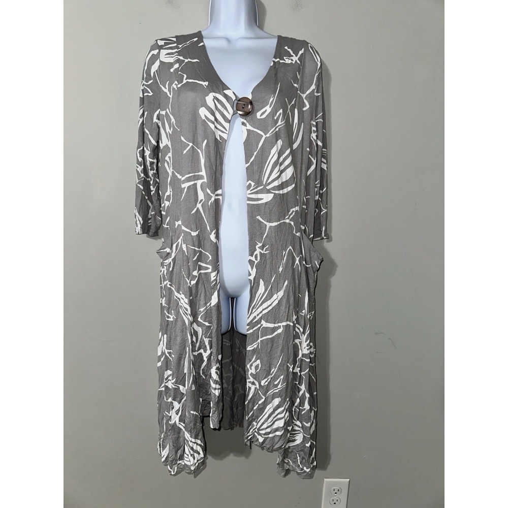 CHALET et‎ ceci XS Gray Abstract Print Duster Cardigan Lagenlook Bamboo Blend